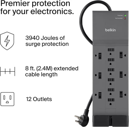 Belkin 12-Outlet Surge Protector Power Strip - 12 AC Outlets, 8ft Flat Plug, 3,940 Joules Protection for Home & Office