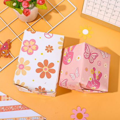 Whaline 12 Sheet Groovy Hippie Wrapping Paper 4 Style Boho Rainbow Daisy Pattern Packaging Paper Retro Groovy DIY Art Craft Sheets for Birthday Baby Shower Party, 19.7 x 27.6 Inch, Folded Flat