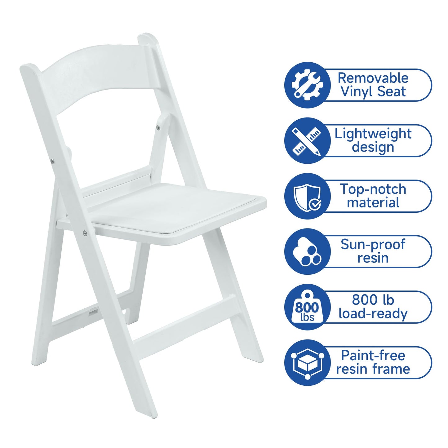 Winlice White Resin Folding Chairs - Stackable Chairs with Padded Seats, 800LB Weight Capacity Comfortable Chair - Indoor/Outdoor Folding Chairs for Events - Lightweight Foldable Chairs (10 Pack)