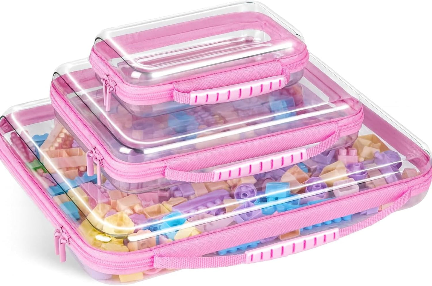 3 Pack Bag(3 Pink Extra Large Zippered Hard Shell Pouch,Clear Plastic Case,Hard Sided Case for Storage Bags,Portable