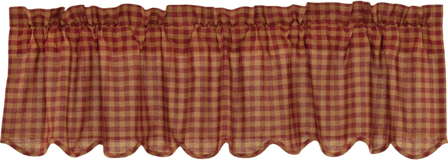 VHC Brands Burgundy Red Check Cotton Primitive Kitchen Curtains Rod Pocket 16x60 Valance