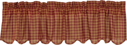 VHC Brands Burgundy Red Check Cotton Primitive Kitchen Curtains Rod Pocket 16x60 Valance