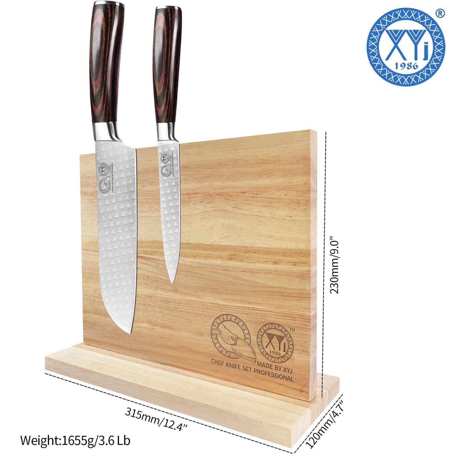 XYJ Authentic Since 1986, Magnetic Knife Block, Double Side Kitchen Knife Stand, Acacia Wood, Magnetic Knife Holder with Strong Enhanced Magnets,Knives Storage Rack Stand for Home Kitchen