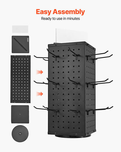 VEVOR Rotating Pegboard Display Stand, 7.4 x 7.4 x 17 in 4-Sided Spinning Peg Board Display with 24 Hooks, Thickened Cold-Rolled Steel Craft Rack Organizer for Grocery Retail Store Jewelry Shop, Black