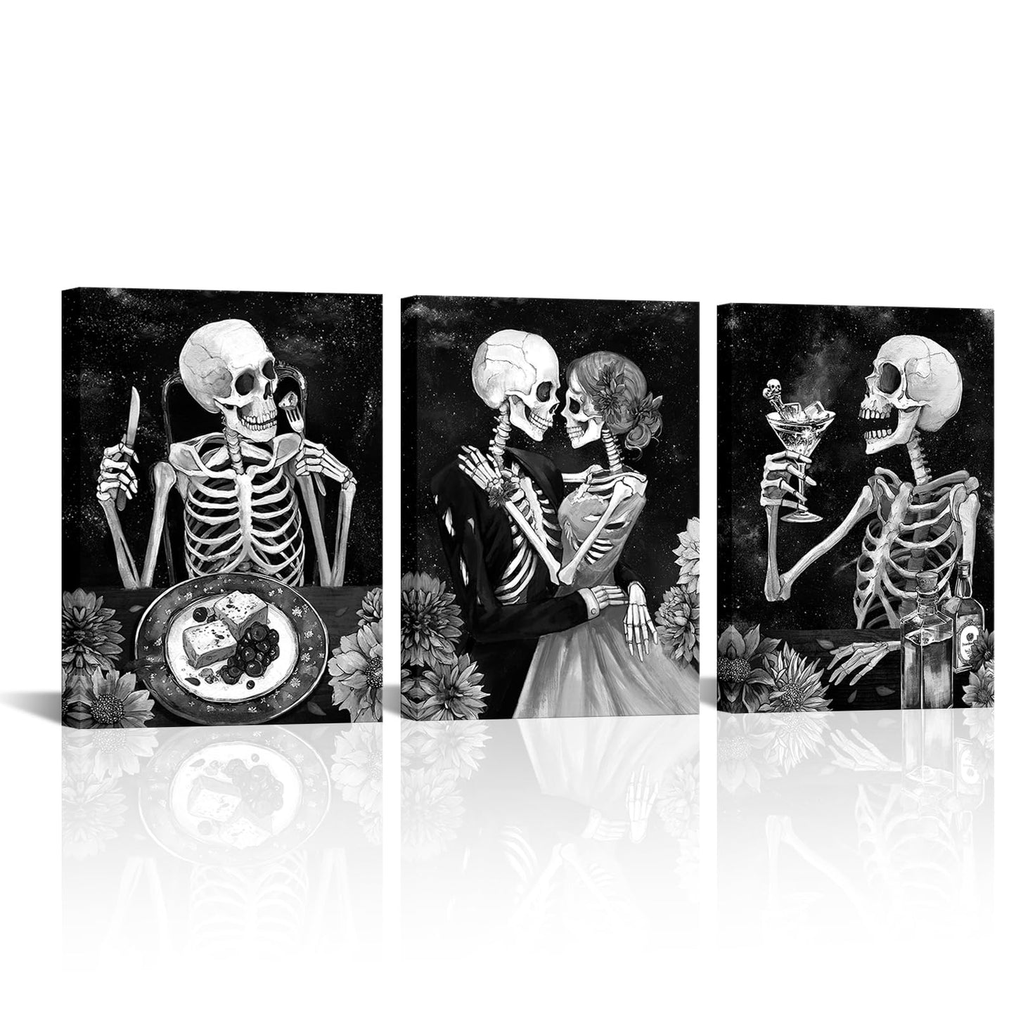 FuShvre Skeleton Kitchen Decor Black and White Skeleton Canvas Art Pictures Gothic Dining Room Decor Framed 12x16 inch (Black)