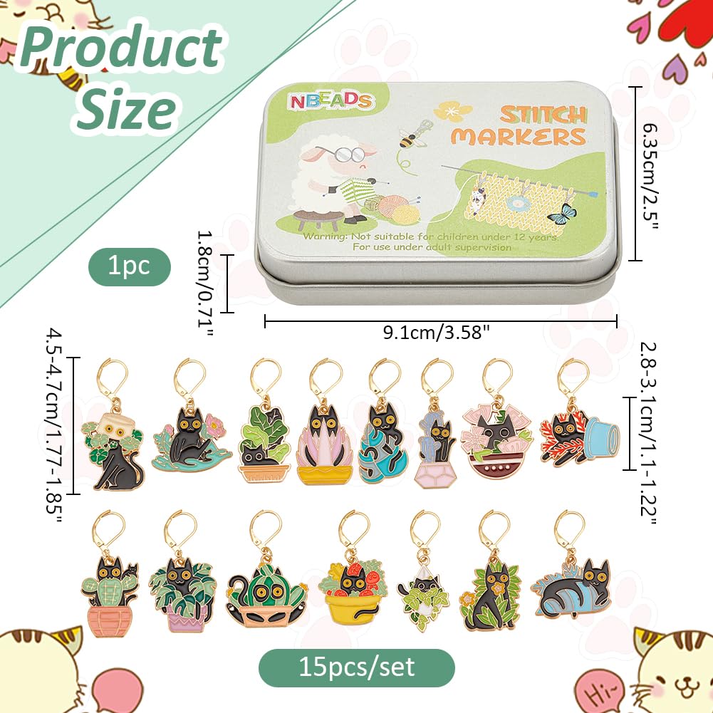NBEADS 15 Styles Cat with Plants Stitch Markers, Alloy Enamel Crochet Stitch Marker with Leverback Locking for Knitting and Crocheting