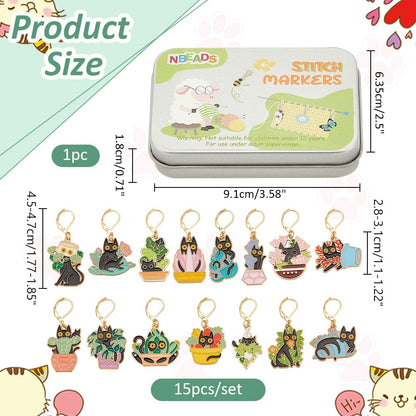 NBEADS 15 Styles Cat with Plants Stitch Markers, Alloy Enamel Crochet Stitch Marker with Leverback Locking for Knitting and Crocheting
