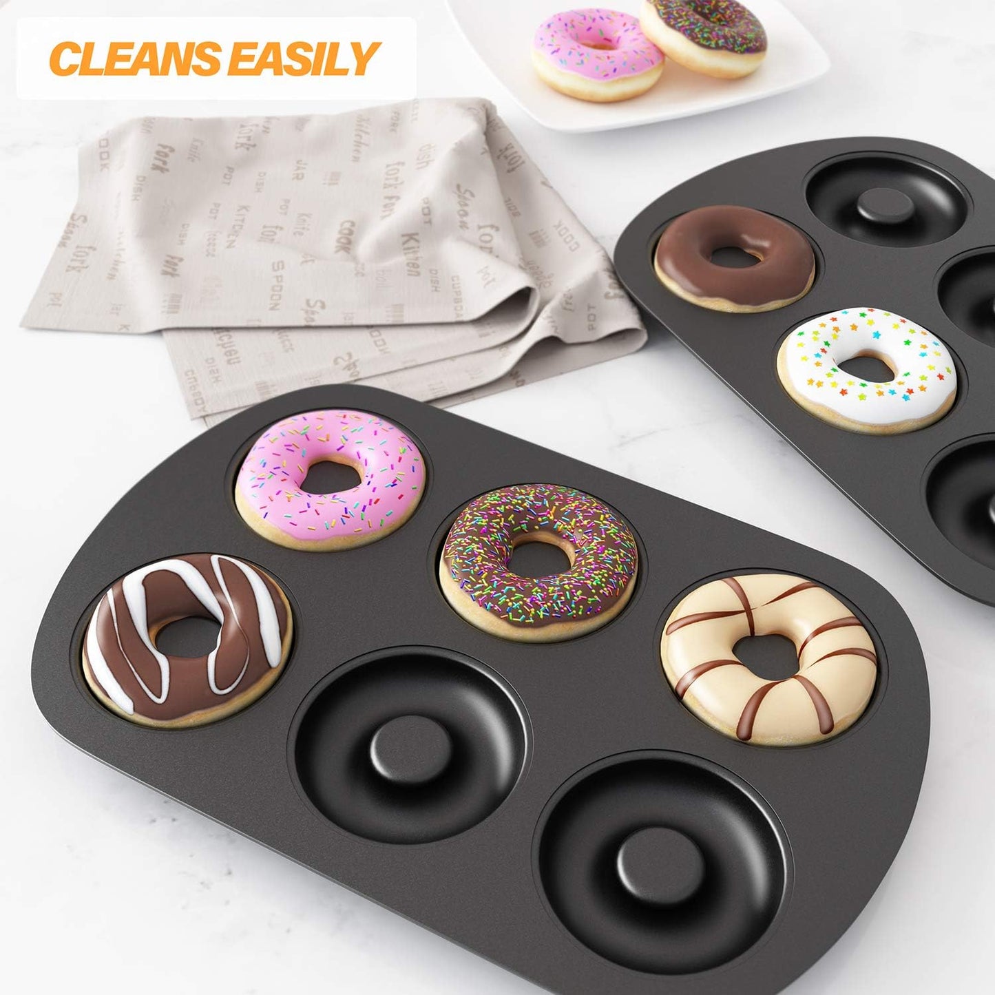 Tiawudi Non-Stick 6-Cavity Donut Baking Pans, Set of 3, Makes Individual Full-Sized 3 1/4" Donuts