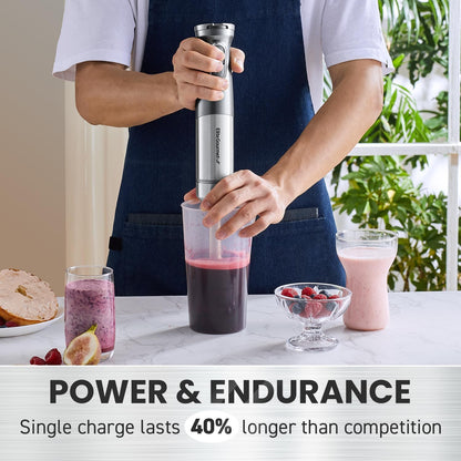 Elite Gourmet EHB1300 Cordless Rechargeable Hand Blender, Stainless Steel Blade, Variable Speed Blending, One-Touch