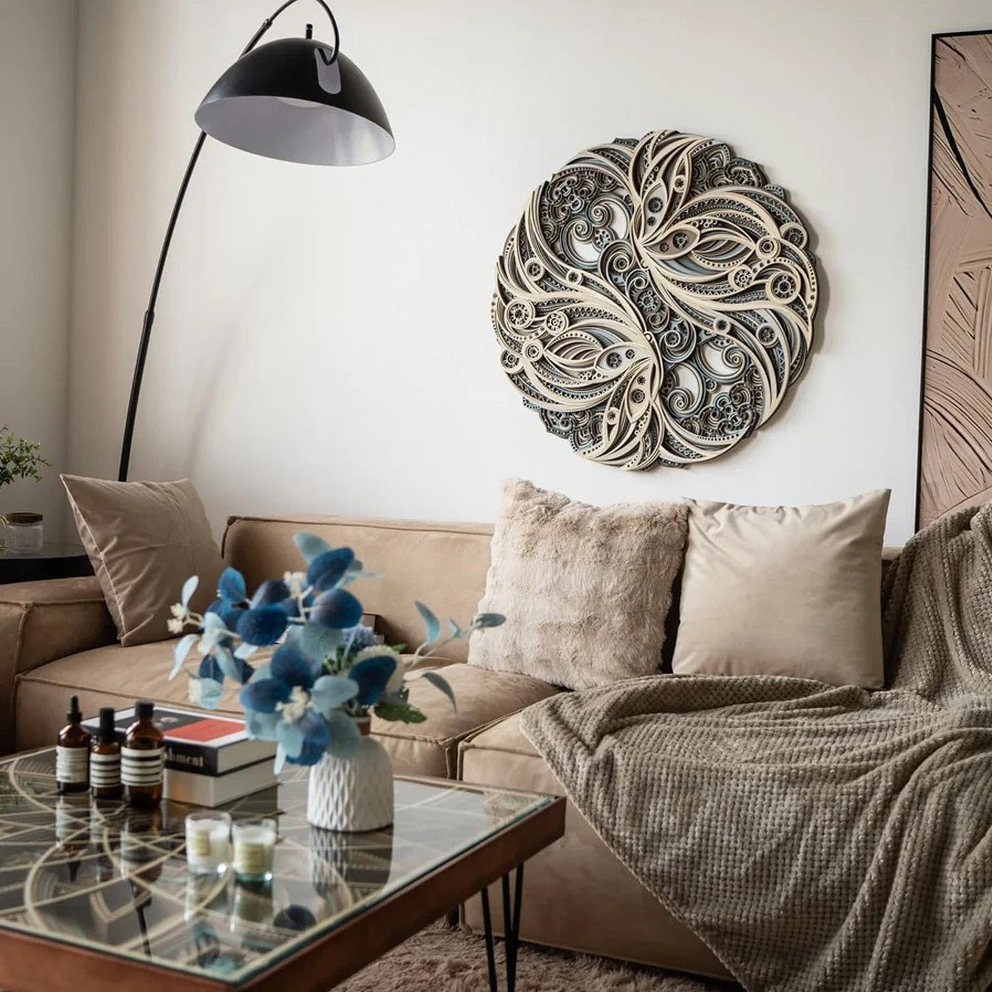FARIDRUN Multi-layer wall art, large geometric wooden wall art, mandala laser-cut art, 3D murals, tapestries, wall decorations(23.6 inches x 23.6 inches)