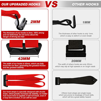 6 Rooftop Cargo Tie Down Hook Straps-Secure Any Car Roof Bag, Roof Rack Cargo Carrier,or Car Top Carrier,Durable and Solid, No Roof Rack Required, Compatible with Most Cars - Registered Patent (red)