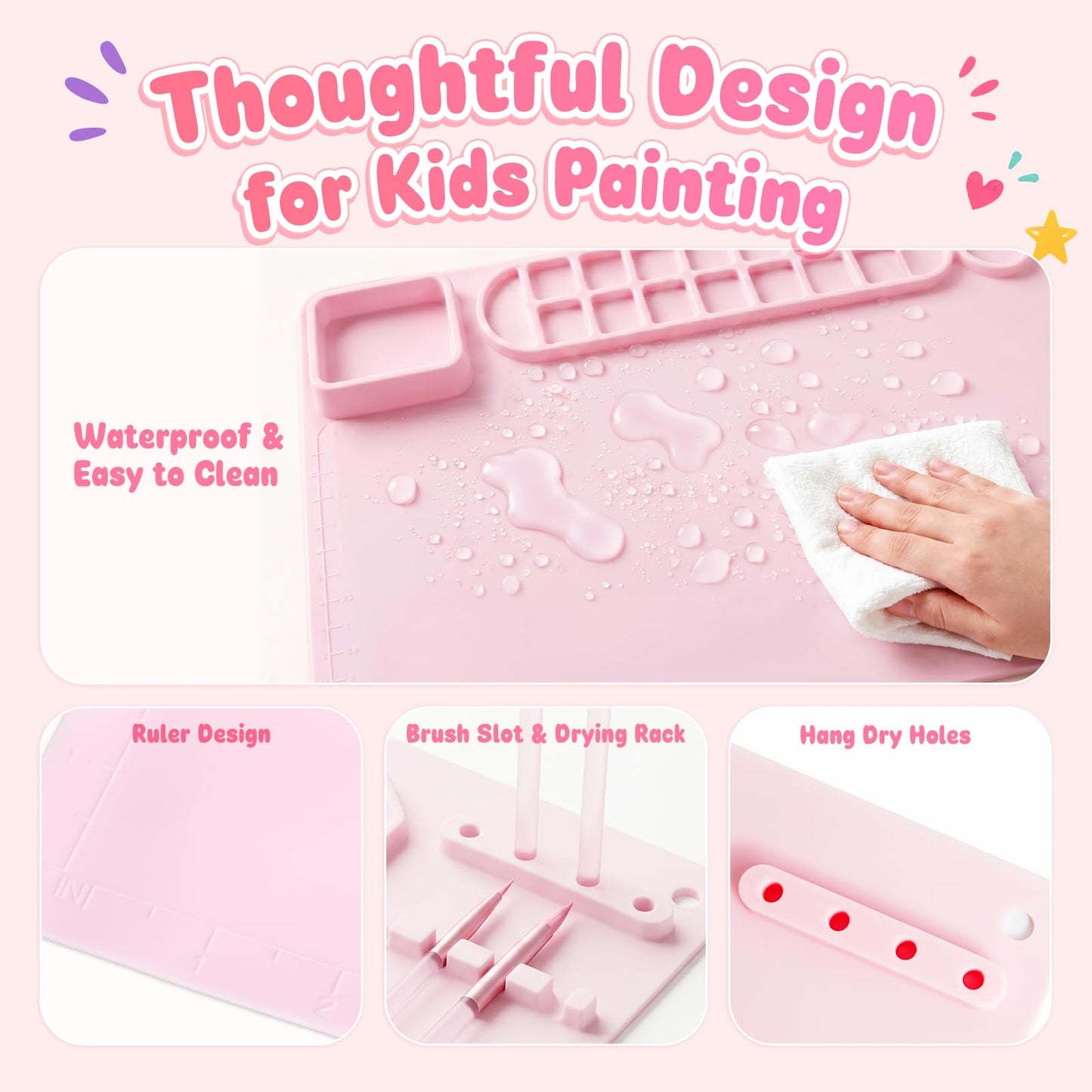 Zimuvora Silicone Painting Mat Set, Paint Mats for Kids with Foldable Silicone Cup, 4 Detail Paint Brushes, 2 Sponge Pads, Apron & Mixing Tool, Washable Art Table Mat (Pink)
