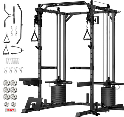 JEEKEE Power Cage with Cable Crossover System, 2200LB Heavy Duty Power Rack with Dual Pulley, 180LB Weight Stack, LAT Pulldown, 20+ Attachments for Home Gym,Black