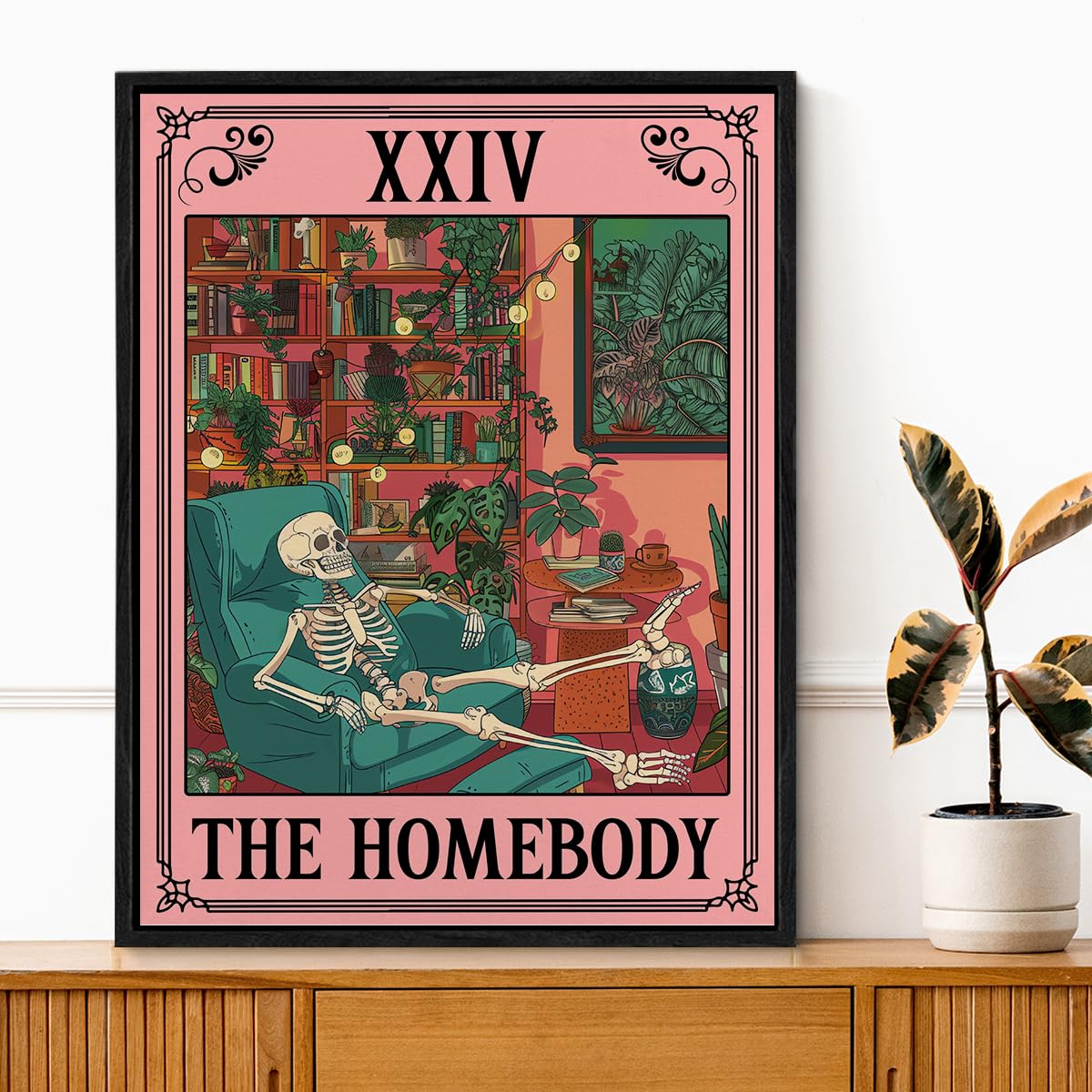 Spooky Framed Canvas Wall Art the Homebody Tarot Card Poster Print Wall Decor Sarcastic Skeleton Painting for Home Office Living Room Bedroom Decoration 11.5x15 Inches