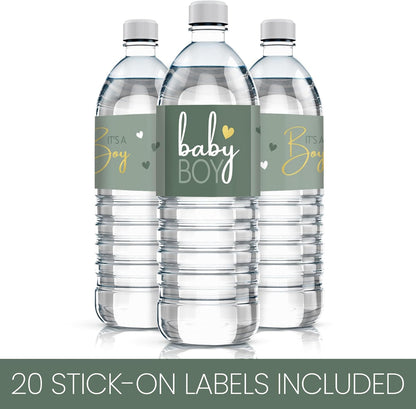 20 Count DISTINCTIVS Green Its a Boy Baby Shower Water Bottle Labels, Baby Shower Waterproof Stickers for Water Bottle