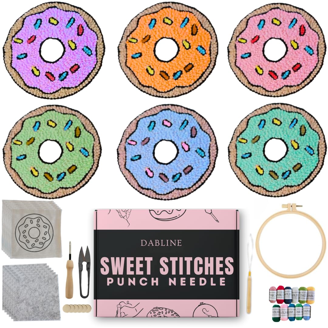 Dabline Punch Needle Kit for Beginners – 6 Pattern Punch Needle Coaster Set with Hoop, Needle, Threader, Yarn & Backing Fabric for Adults and Kids DIY Craft