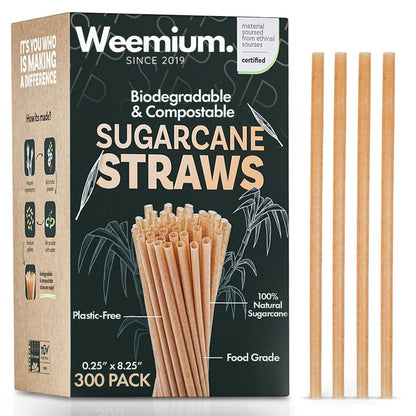 Weemium Sugarcane Straws [300 Pack] 8.25" | FSC Certified 100% Compostable Straws Disposable for Warm and Cold Drinks | Plastic-free & Biodegradable Packaging | Eco friendly made with Sugarcane Fiber