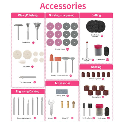 HARDELL Rotary Tool Accessories, 230pcs Power Rotary Tool Accessories Kit, 1/8"(3.2mm) Diameter Shanks, Universal Fitment for Easy Cutting, Polishing, Sanding, Carving, Grinding(Pink)