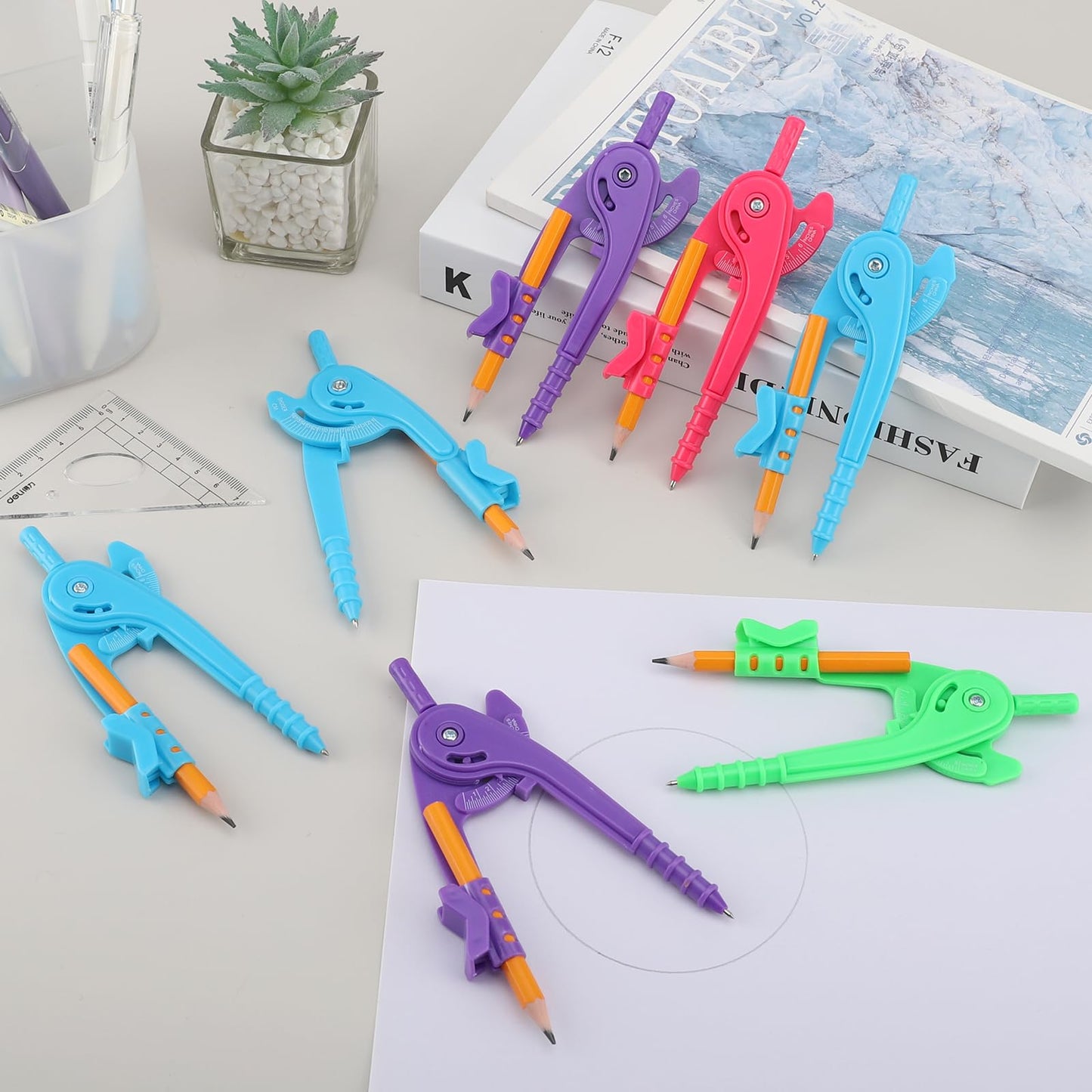 20 Pieces Compass Geometry Tool Multicolour Math Compass Drawing Compass for Geometry Plastic Geometry Compass with Pencil for Student Classroom School Office Drafting Art Drawing (20 PCS)