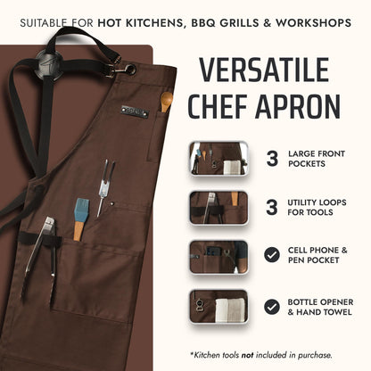 Asaya Chef & BBQ Apron with Pockets - Cross Back Canvas Cooking Apron for Women and Men, Adjustable Work & Grilling Aprons with Pocket, Bottle Opener and Hand Towel, 10oz Cotton Canvas (Brown)