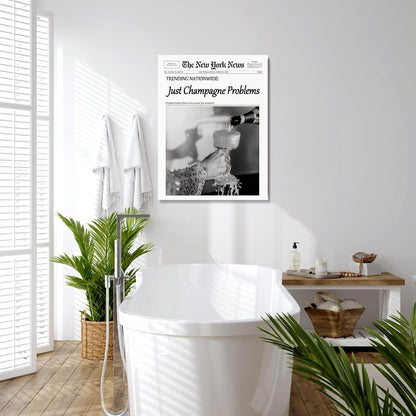 hottaacanvas 12x16 Champagne Problems Newspaper Framed Wall Art,Trendy Retro Black and White Wall Art for Bar Cart