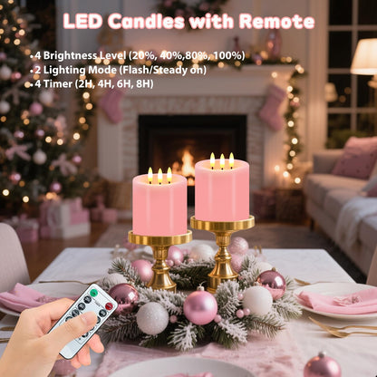 Large 3 Wick Flameless Candles, 4"x4" Flickering Flameless Candles with Remote & Timer, Dimmable Real Wax LED Candles Battery Operated, Electric Pillar Candles for Wedding Valentine's Day Decor (Pink)