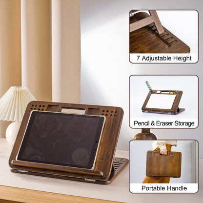 StrongTek Bamboo Table Easel, 16 x 12 Inch Adjustable Drawing Board, 6-Position Desktop Drafting and Sketching Board with Handle and Back Storage for Drawing, Painting, Reading and Writing