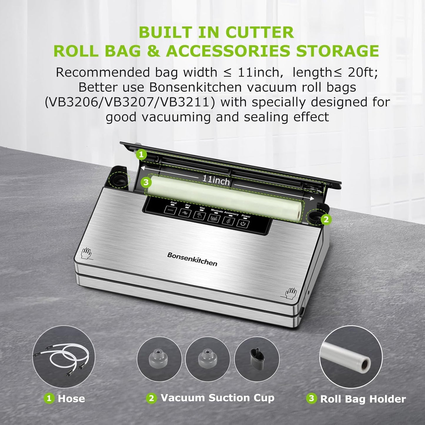 Bonsenkitchen Vacuum Sealer Machine, Powerful Food Sealer with 5 Modes, Built-in Cutter & Bag Storage, Stainless Steel
