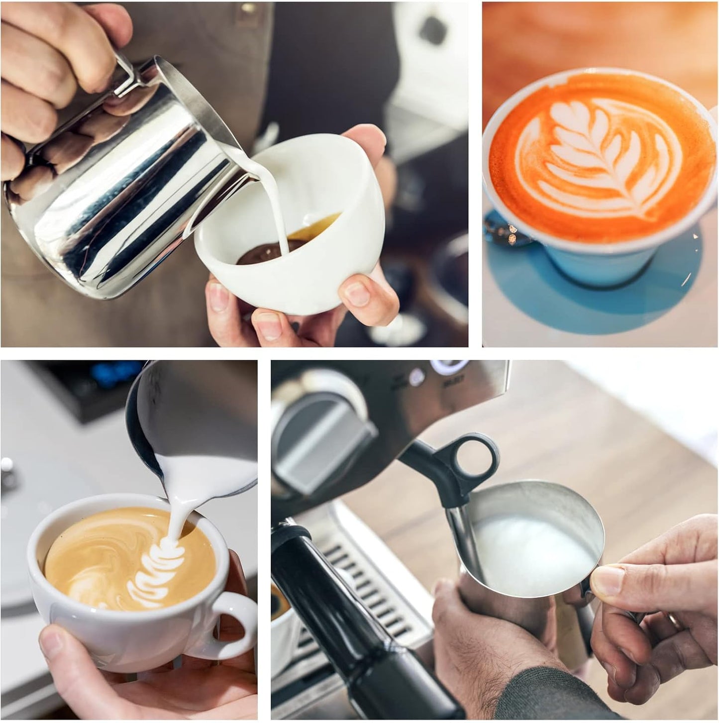 Milk Frothing Pitcher, Stainless Steel Coffee Cup with Lid for Home Office Kitchen Coffee Shop Latte Art, Silver