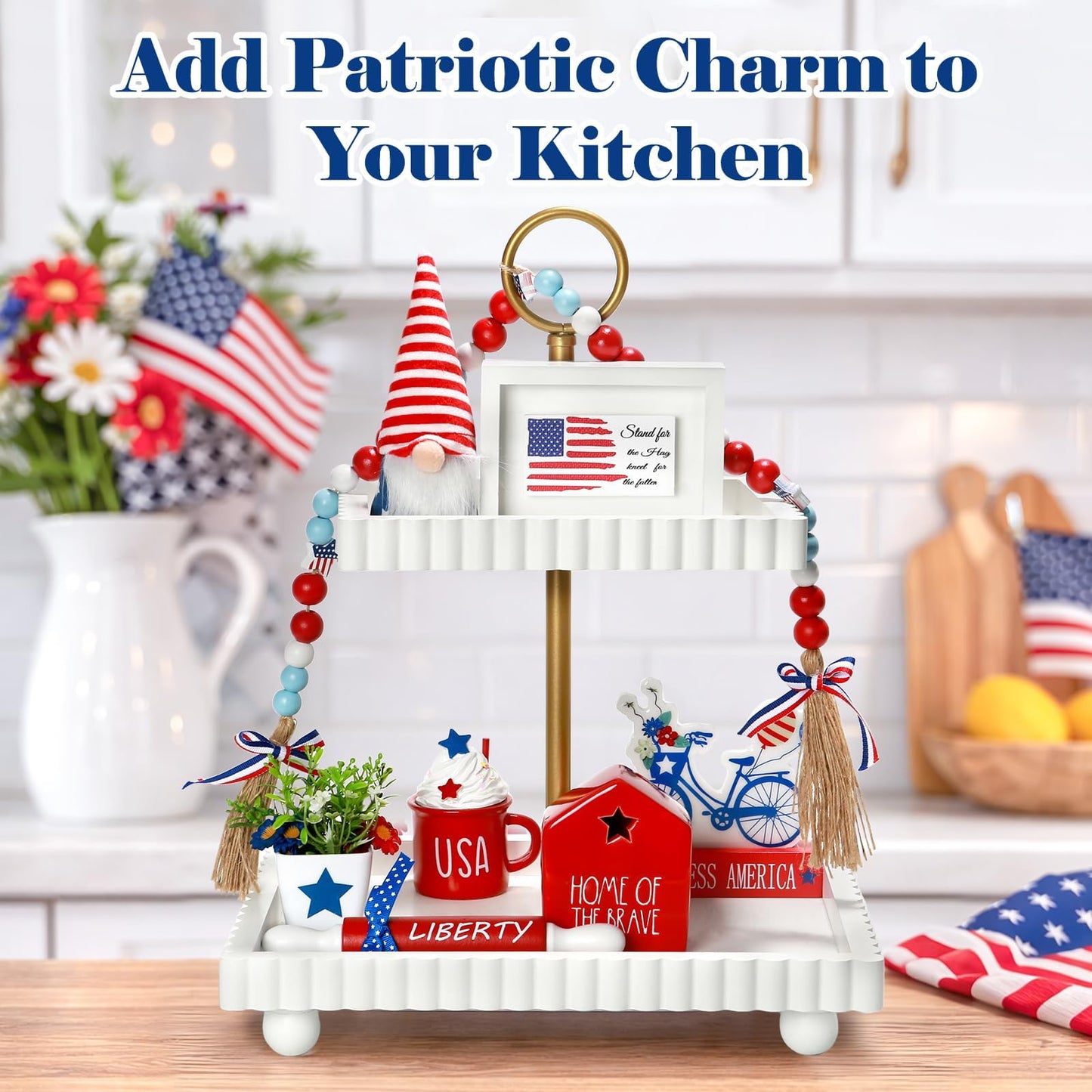 4th of July Decorations Patriotic Tiered Tray Decor Set, 8 PCS Memorial Day Fourth of July Decorations for Home Office Farmhouse Red White and Blue Tabletop Centerpieces Shelf Mantel Tray Decor Signs