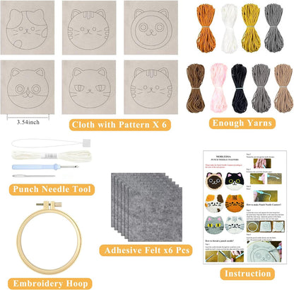 Morledoa Punch Needle Coasters Kit, Punch Needle Kits Adults Beginner, Cat Coasters Kit with Adhesive Felt, Yarns, Embroidery Hoop, Instruction