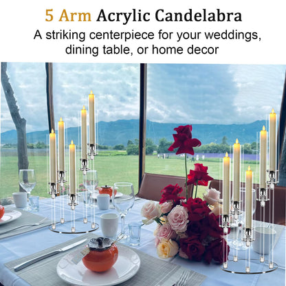 Cheloment 4 Sets 5 Arms Acrylic Candelabra Centerpieces for Tables, 22.8" Clear Candle Holder for Wedding Dinner Party and Home Decor,Candlesticks Holder with LED Candles