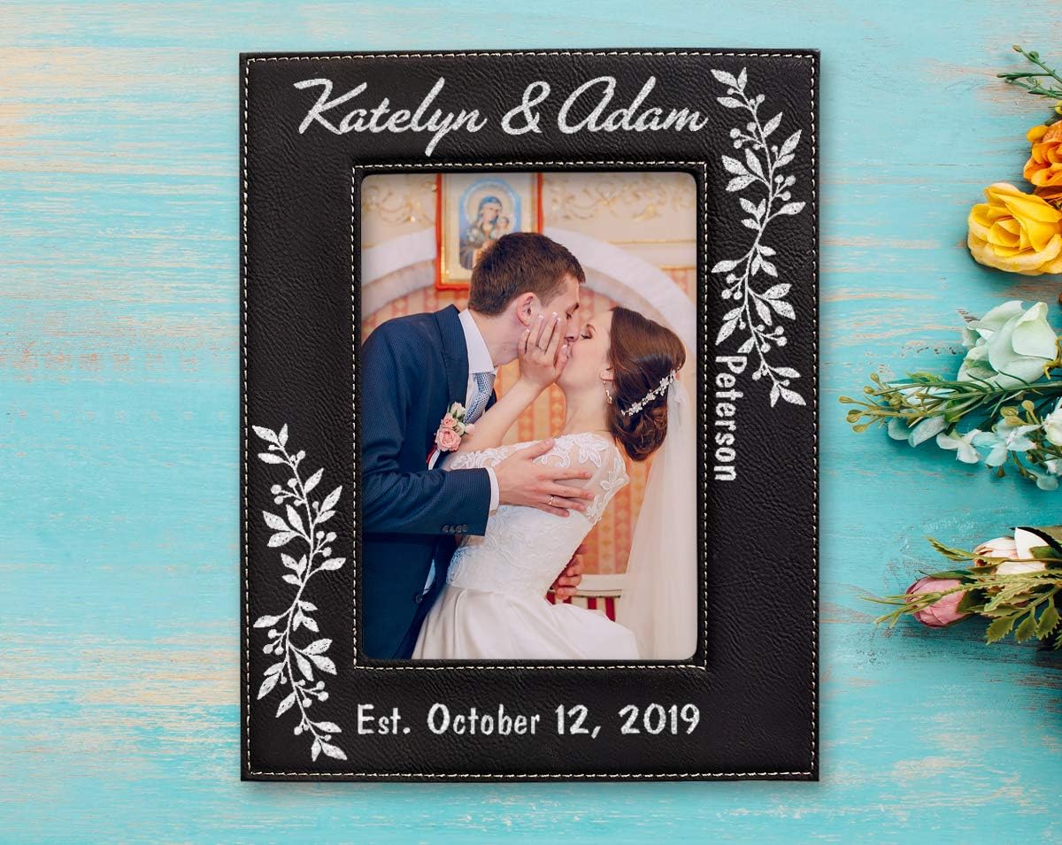 Personalized Newlywed Couples Leather Picture Frame - 7x5 Engraved Wedding Anniversary Gift