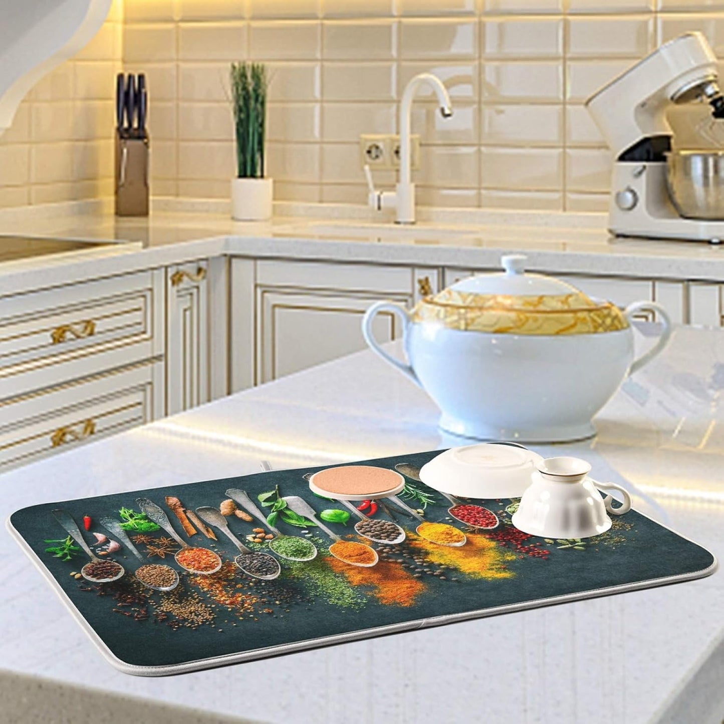 Cooking Herbs Spices Dish Drying Mat for Kitchen, 18 X 24 Inches Dry Dishes Pads Mats, Tableware Protector for