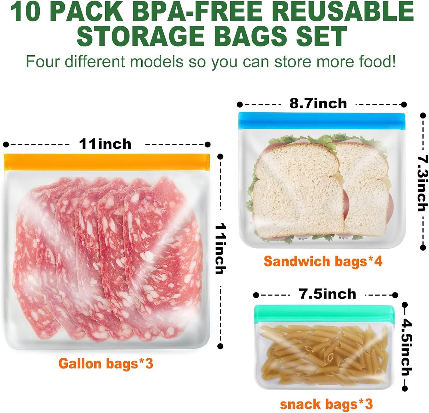 10 Pack Reusable Ziplock Bags, 3 Large Food Storage Gallon Bags, 4 Reusable Sandwich Bags, 3 Snack Bags for Meal Prep