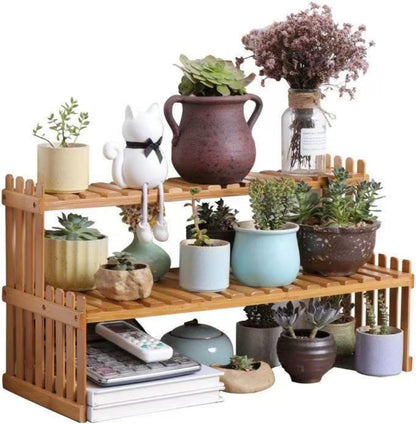 GURECOD 10.8" 2 (10.8" Tiers Bamboo Plant Stand Shelf,Desk Flower Pot Holder,Adjustable Desktop Shelf Display Organizer