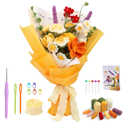 Iuuidu Crochet Kit for Beginners, Flower Bouquet Crochet Kit Rose, Knitting Starter Kit with Crochet Yarn and Step-by-Step Instructions for Birthday, Wedding Anniversary Day Present