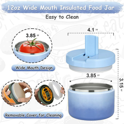 Pawtong 12oz Insulated Vacuum Food Jar with Buckle Lid Wide Mouth Soup Thermo for Hot Food Kids Leakproof Stainless Steel Lunch Container (Gradient Blue, 12OZ)