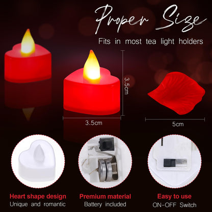 VIHOSE 4000 Pcs Artificial Rose Petals with 24 Pcs LED Tea Lights Candles Flameless LED Candles Fake Rose Petals for Wedding Birthday Party(Red Light, Red Petal)