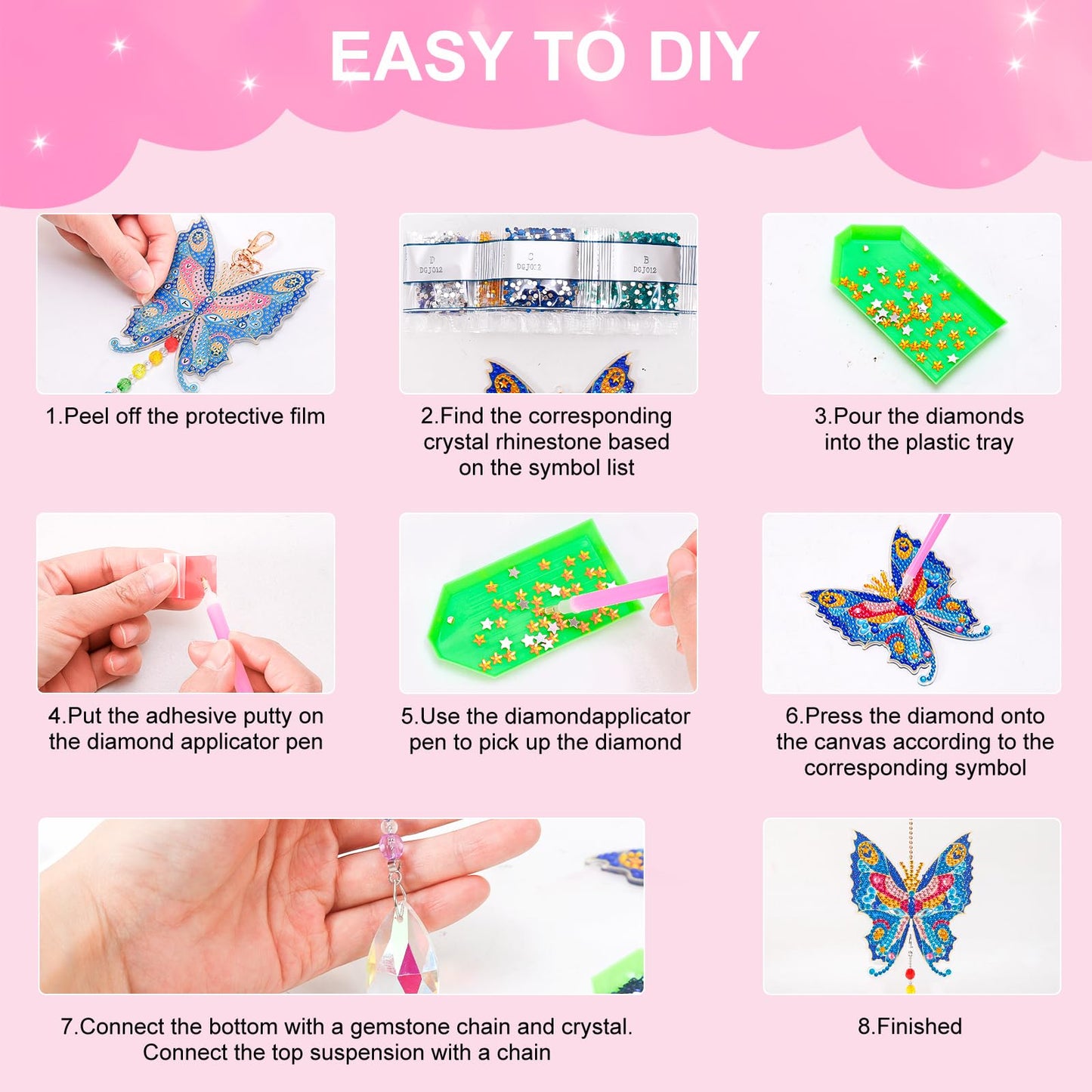 VibyTiby 3 pcs Diamond Art Kit, DIY Suncatcher Craft with Crystal Pendants for Home Garden Window Decor, Creative Gift for Craft Lovers