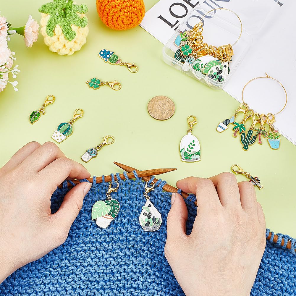 HOBBIESAY 28Pcs 14 Styles Enamel Alloy Crochet Stitch Marker Cute Cactus Potted Plants Removable Crochet Stitch Marker Charms with Lobster Claw Clasps for Crocheting Knitting Quilting Supplies