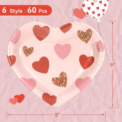 Jollyzaar Valentine's Day Paper Plates Set 60 Count, Heart Shaped 9'' Disposable Plates, Valentines Party Galentine's Day Table Decorations Supplies