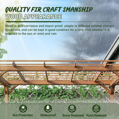 12x10 FT Wooden Pergola Gazebo for Patio Garden, Outdoor Wood Gazebo Pavilion with Trellis Roof, Fir Wood Garden Arbor Shelter for Backyard, Deck, Lawn, Waterproof Brown