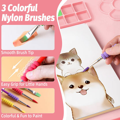 LRFORMB Silicone Painting Mat for Table Protection, 23.6 x 15.8in Drawing Mat with Nylon Brushes for Children, Art Mats with Cleaning Cup, Paint Palette, Clay Craft Mats for DIY (Pink)