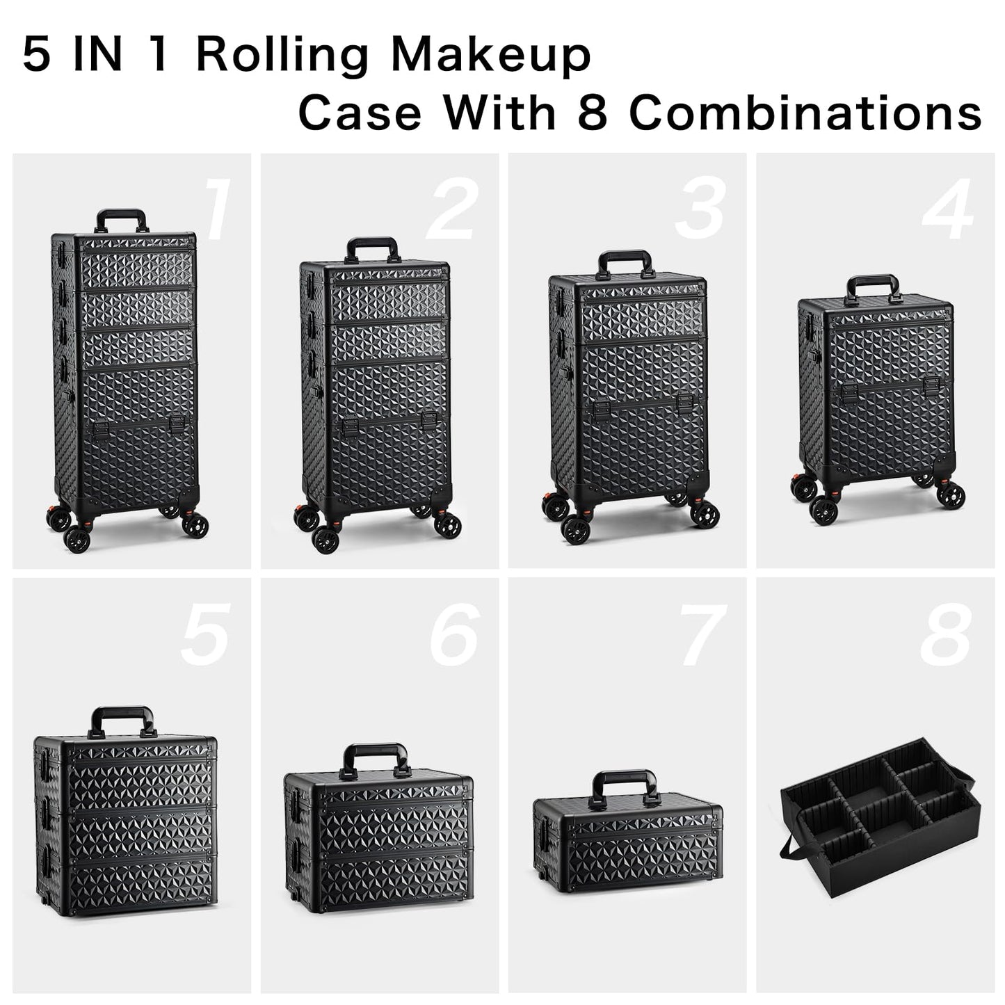 Yueieoun 5 in 1 Makeup Train Case, Cosmetology Case on Wheels Travel Make up Case Rolling Nail Cart Makeup Organizer Cosmetic Storage Box Cases Extra Large Trolley Truck with 360° Swivel Wheels, Black