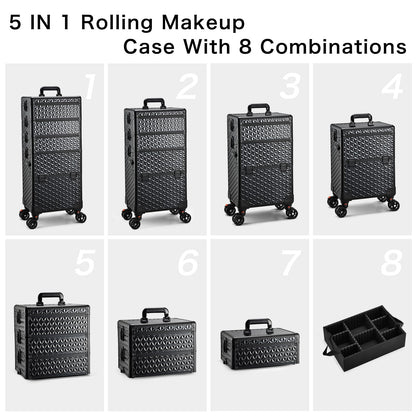 Yueieoun 5 in 1 Makeup Train Case, Cosmetology Case on Wheels Travel Make up Case Rolling Nail Cart Makeup Organizer Cosmetic Storage Box Cases Extra Large Trolley Truck with 360° Swivel Wheels, Black