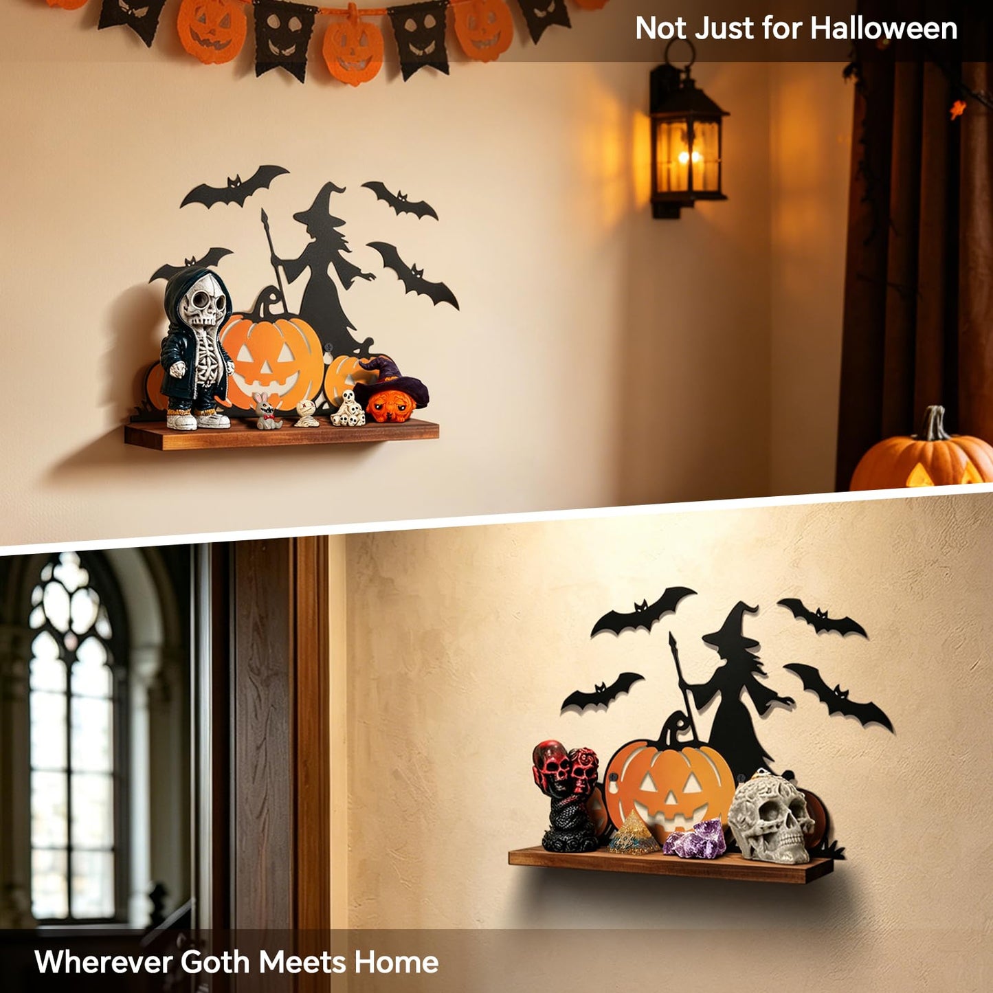 Pracaniz Halloween Pumpkin Shelf Decor, Witch Bat Iron Silhouette Tabletop Shelf Sitter with Rustic Wood Base, Halloween Mantel Decor Indoor, Witchy Gothic Accent for Crystals, 11" × 7.5"