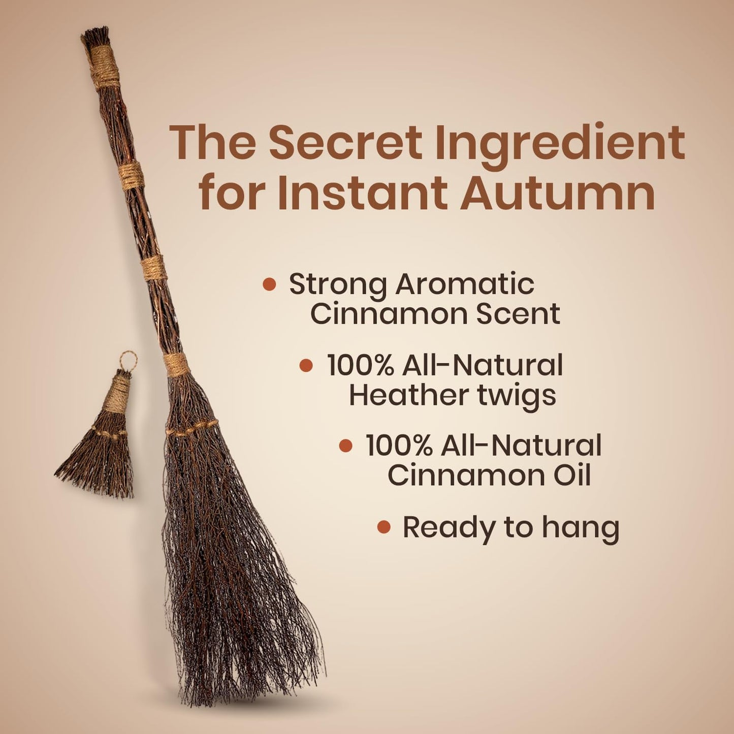 Cinnamon Brooms 36" and 6" - Cinnamon Broomstick Scented Combo - Mini Broom 6" & Large Broom 36" - Witches Broom Cinnamon Broomstick Decoration for Halloween - Mini Cinnamon Broomstick Scented Broom
