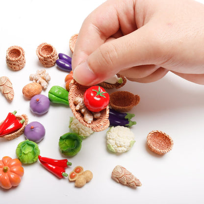 Exasinine 42 Pcs Miniature Food Mini Vegetables Figurines Miniature Baskets for Miniatures Food Kitchen Mini House Store