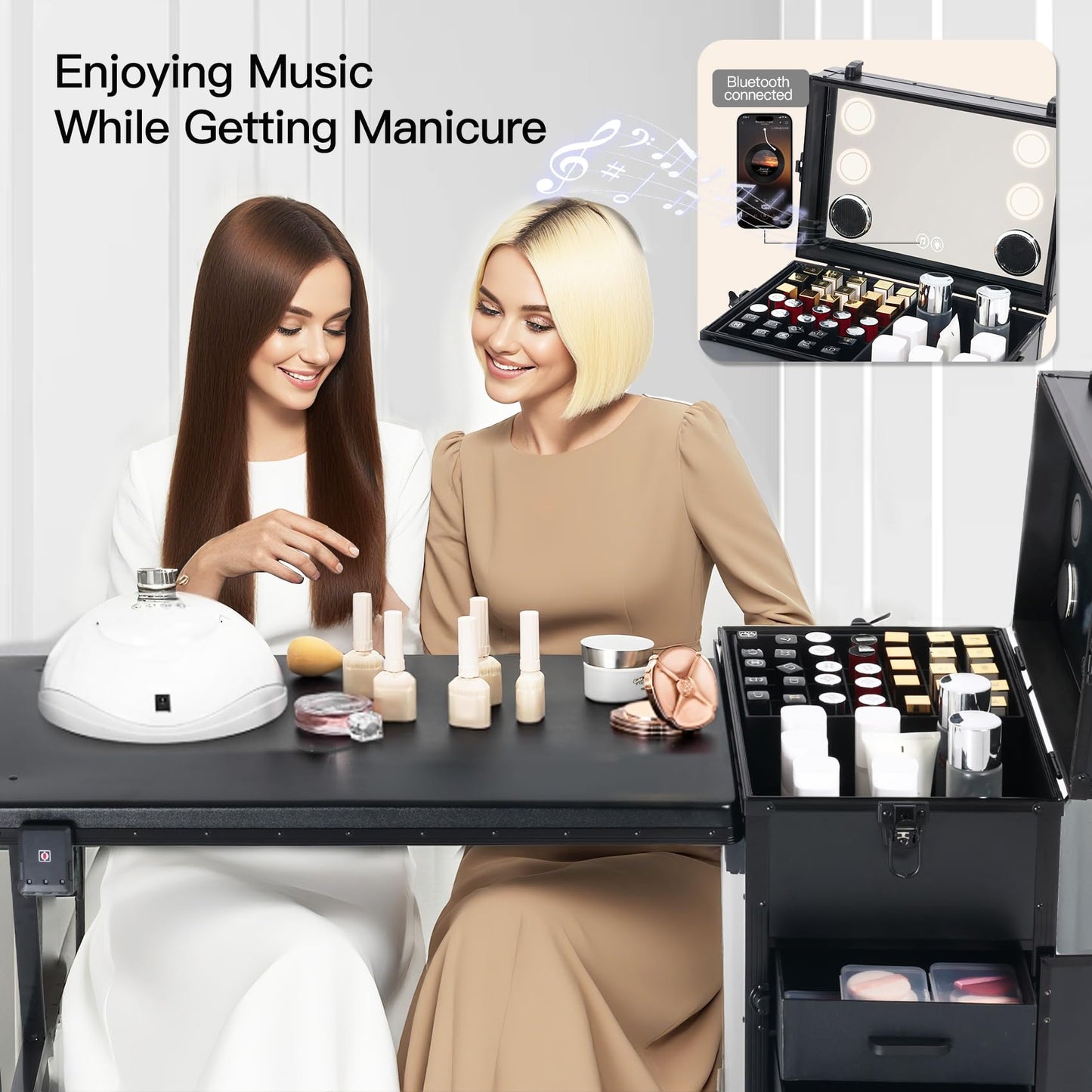 Portable Nail Desk for Nail Tech, Foldable Manicure Table with 3 Drawers & Mirror, Rolling Nail Table with Lockable Train Case, Nail Polish Organizer, Mobile Nail Tech Workstation with Wheels, Black